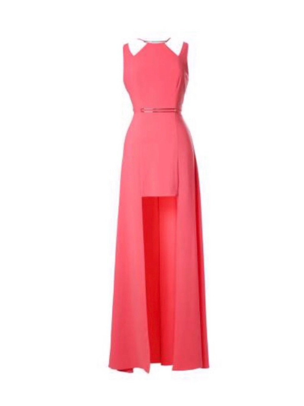Halston Heritage Coral-Pink High-Low Maxi Dress with White Collar